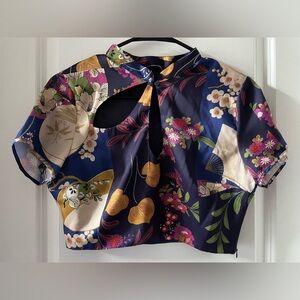 Zara Navy Floral Cutout Blouse